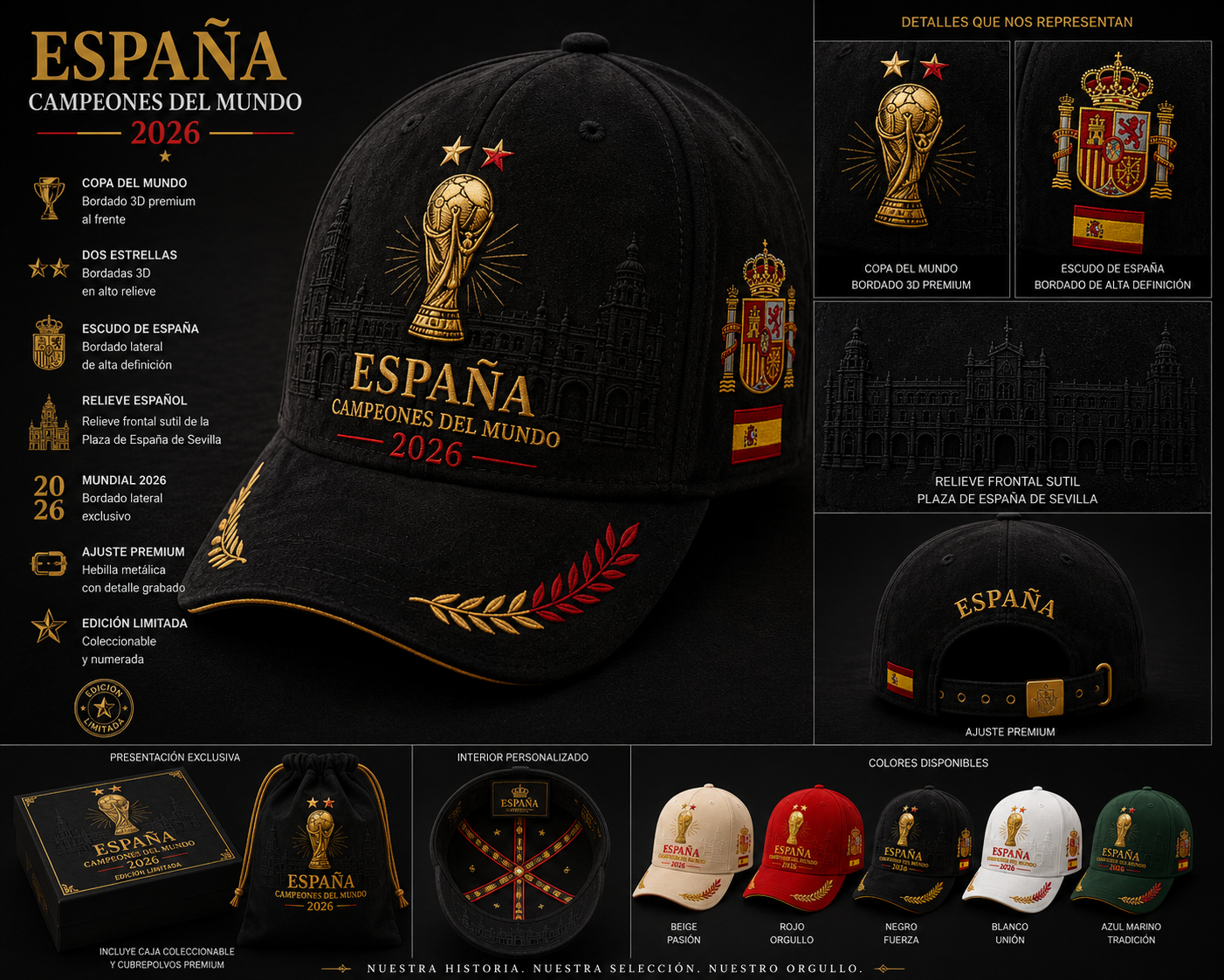 Gorra Premium España Campeones del Mundo 2026 | Gamuza Negra | Edición Limitada