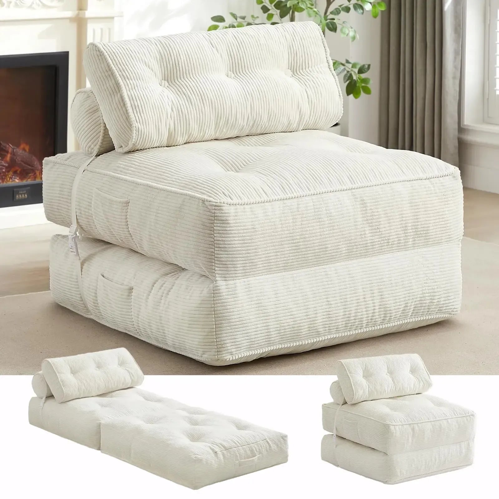 Sofá cama plegable con almohada, sillón convertible con respaldo de apoyo, silla cama plegable portátil de pana, cómodo sofá lounge de suelo para sala de estar — Individual