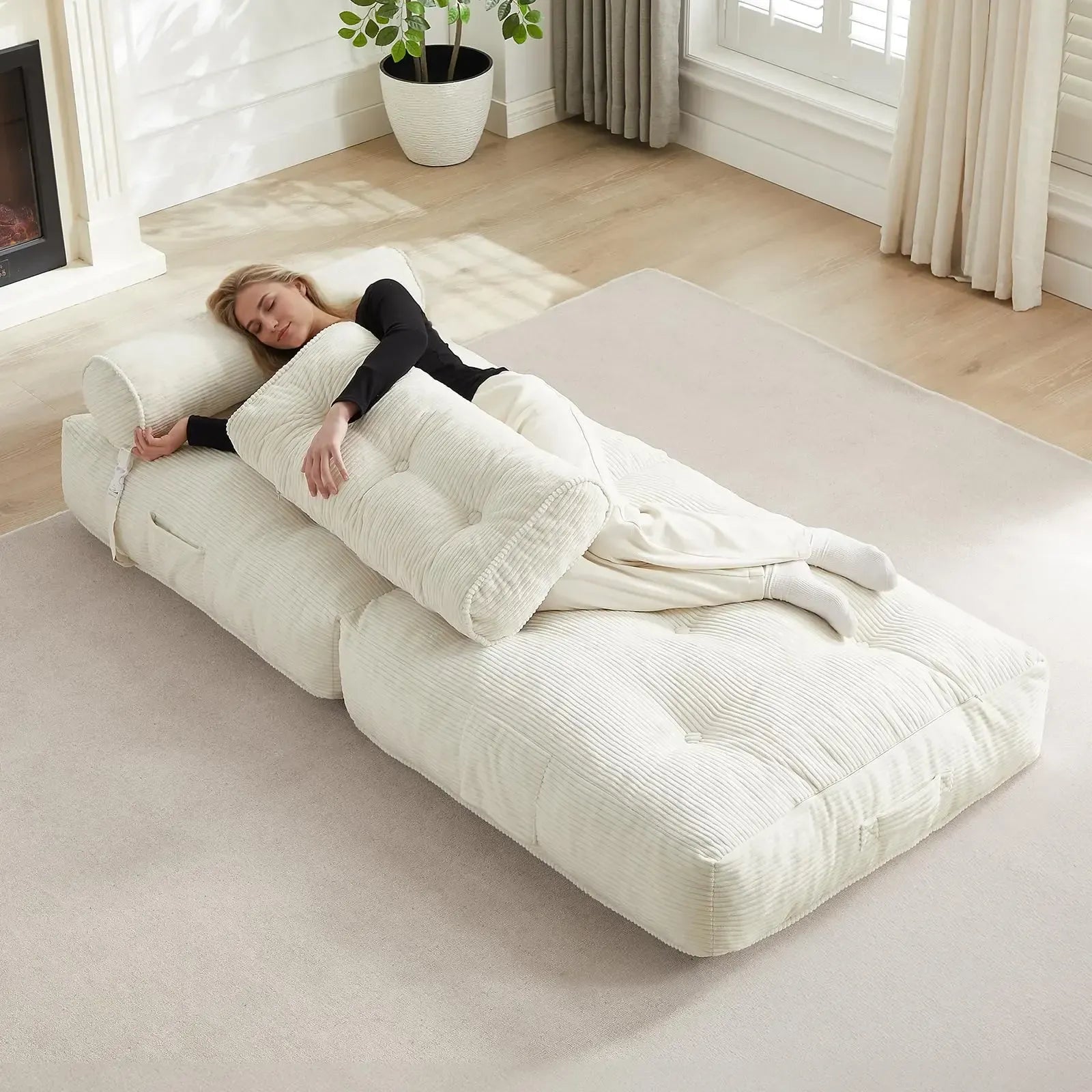 Sofá cama plegable con almohada, sillón convertible con respaldo de apoyo, silla cama plegable portátil de pana, cómodo sofá lounge de suelo para sala de estar — Individual