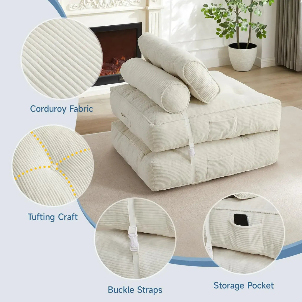 Sofá cama plegable con almohada, sillón convertible con respaldo de apoyo, silla cama plegable portátil de pana, cómodo sofá lounge de suelo para sala de estar — Individual