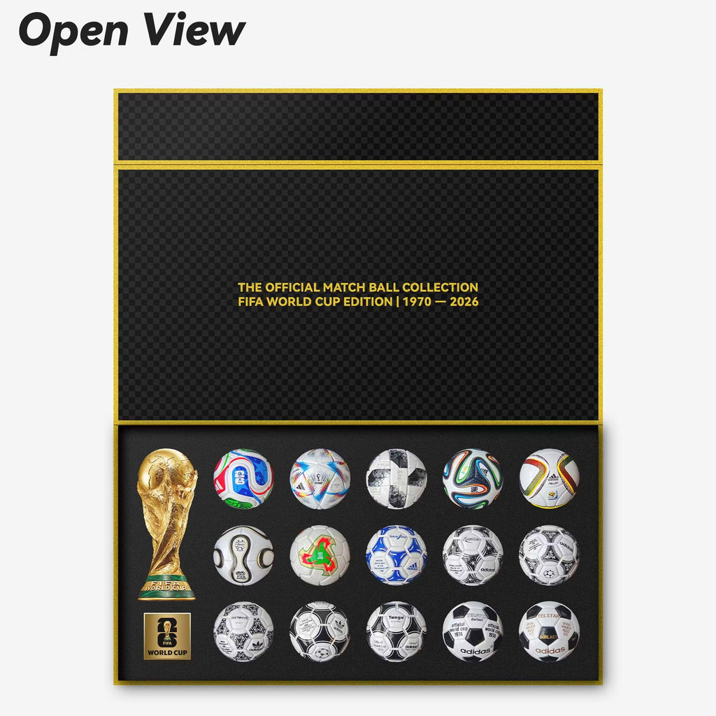 Colección completa de mini balones oficiales de la Copa Mundial de la FIFA 1970-2026 en caja de regalo de lujo con mini trofeo de la Copa Mundial.